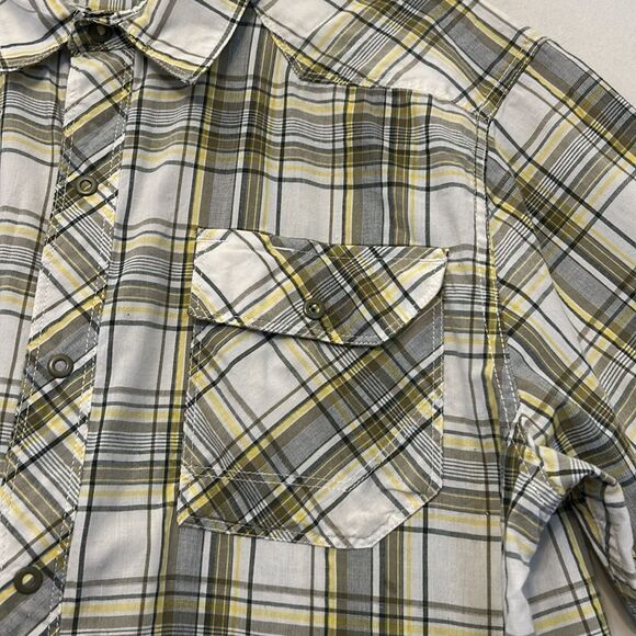 The North Face yellow gray plaid short snap button front shirt Size L EUC - Picture 6 of 12